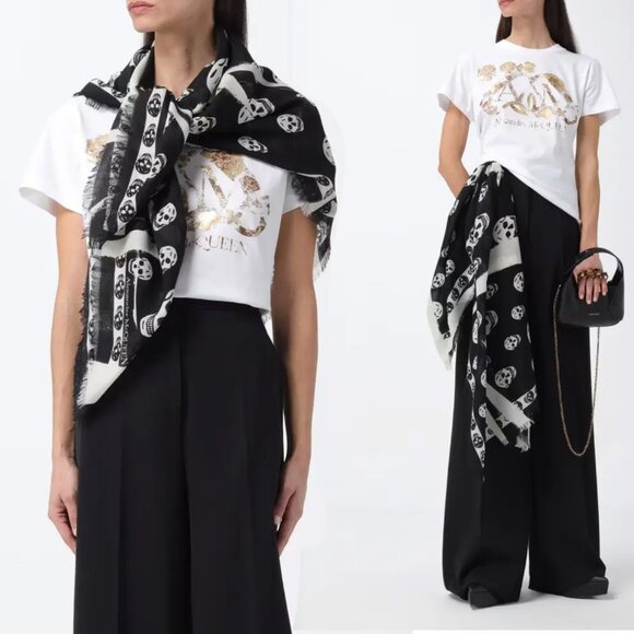 ALEXANDER MCQUEEN SCARF SLASHED SKULL PRINT BLACK WOOL FRINGE UNISEX - Picture 2 of 16